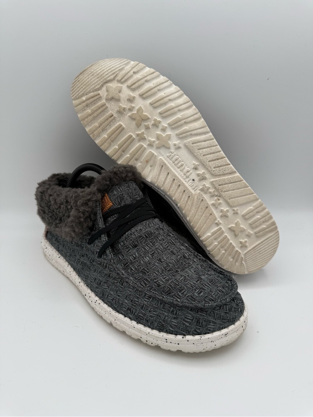 Women's Hey Dude Wendy Fold Stitch Cozy Black Gray Faux Fur Comfort Shoes Size 9